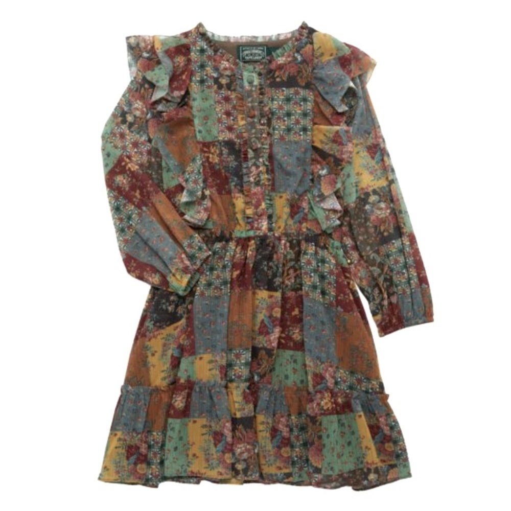 New Polo Country Ralph Lauren Girl Patchwork-Print Ruffled Chiffon Dress 2T